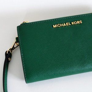 Michael Kors Green Adele Saffiano Leather Double Zip Smartphone Wallet